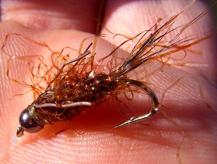 An AP style mayfly nymph tied with Crystal FX